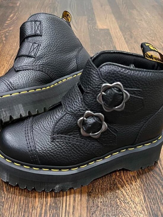 Dr. Martens Shoes - dr. martens devon flower buckle leather platform black milled nappa shoes (6W)